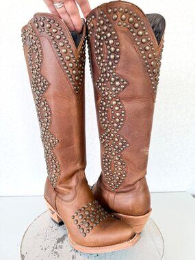 Lane Studded Helix Knee High Brown Cowboy Boots Womens 8.5 Western Cowgirl Tall